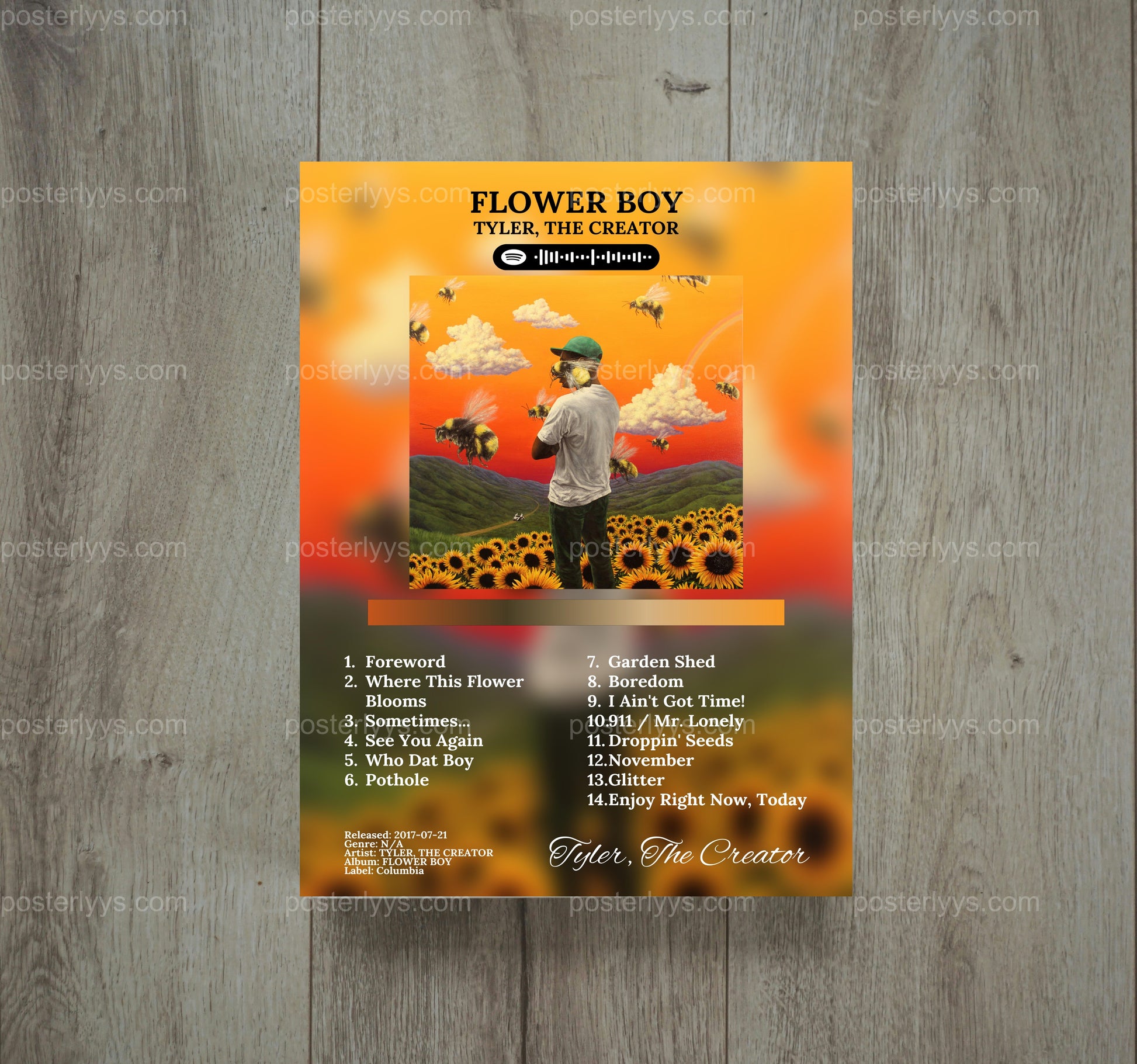 Tyler, The Creator 'Flower Boy' Album Art Poster – Vibrant Sunset & Sunflower Field Print - Wall Mockup