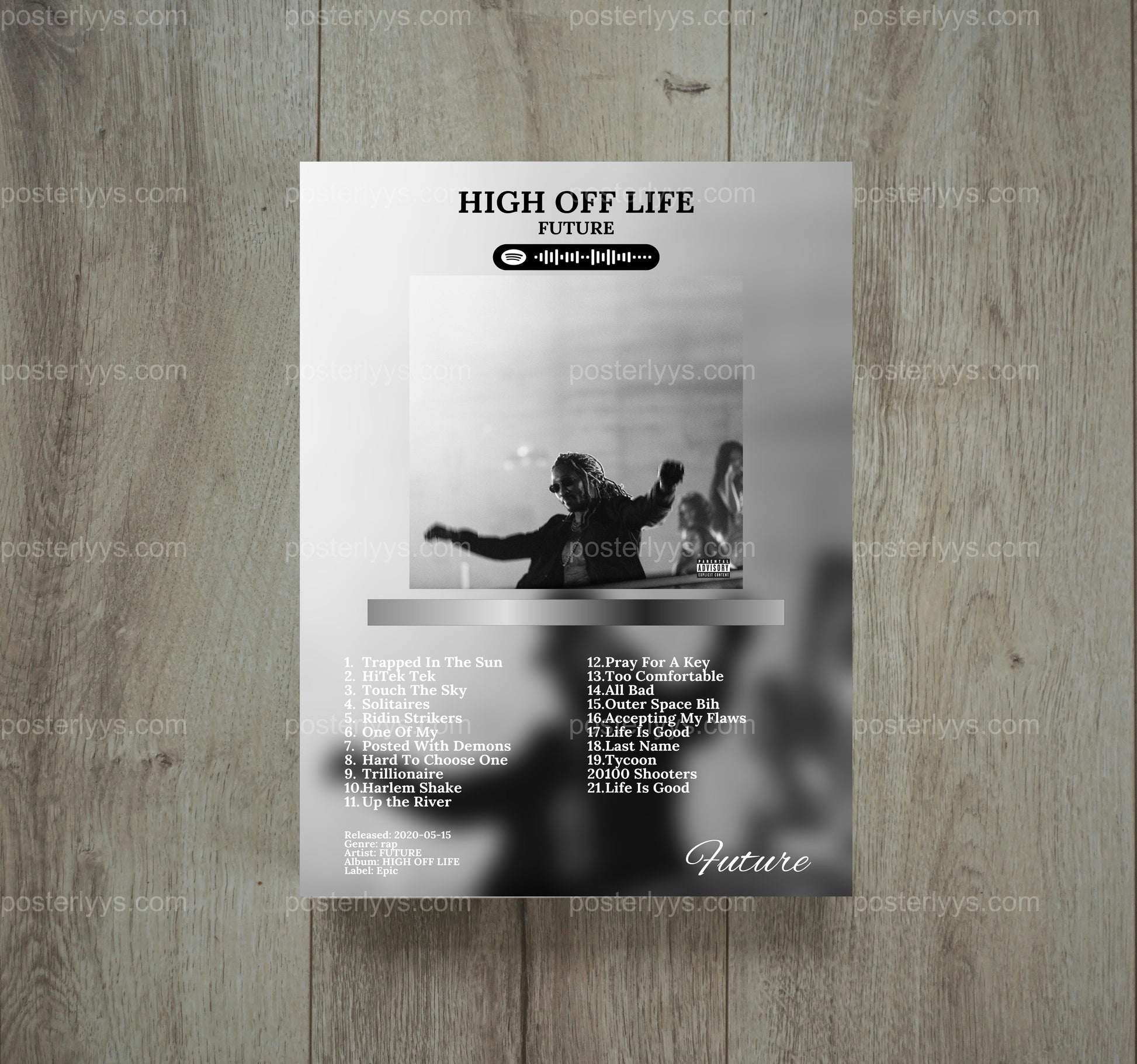 Future 'High Off Life' Album Art & Tracklist Poster – Iconic Hip-Hop Wall Art - Wall Mockup