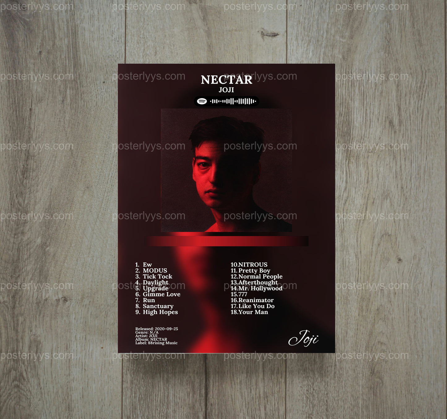 Joji Nectar Album Art Poster – Iconic Red Hues & Spotify Code Wall Art - Wall Mockup